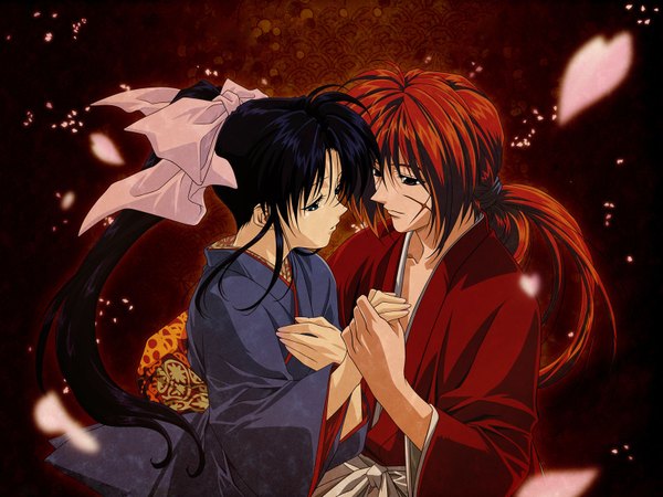 Anime picture 1600x1200 with rurouni kenshin himura kenshin kamiya kaoru red background tagme