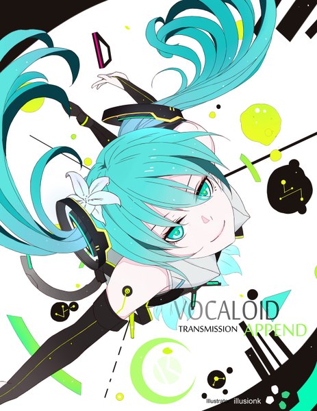 Anime picture 1236x1600 with vocaloid vocaloid append hatsune miku hatsune miku (append) illusionk single long hair tall image smile white background twintails hair flower aqua eyes aqua hair inscription girl thighhighs gloves hair ornament flower (flowers)