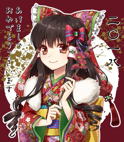 Anime picture 1115x1273 with touhou hakurei reimu kuronohana single long hair tall image looking at viewer smile brown hair brown eyes upper body traditional clothes japanese clothes alternate costume new year happy new year plum blossoms 2018 akeome girl