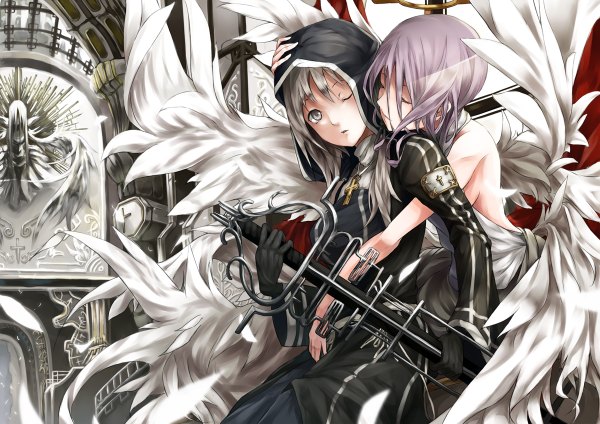 Anime picture 1200x848 with original kizuka kanata short hair multiple girls silver hair eyes closed one eye closed grey hair wink silver eyes girl dress gloves weapon 2 girls sword wings hood feather (feathers)