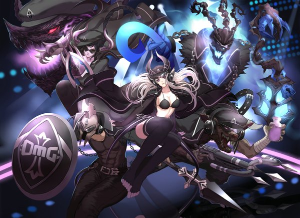 Anime picture 2083x1511 with league of legends syndra shyvana (league of legends) pantheon (league of legends) thresh (league of legends) twitch (league of legends) gu-ko citemer long hair highres black hair red eyes purple eyes multiple girls silver hair horn (horns) girl thighhighs boy weapon black thighhighs