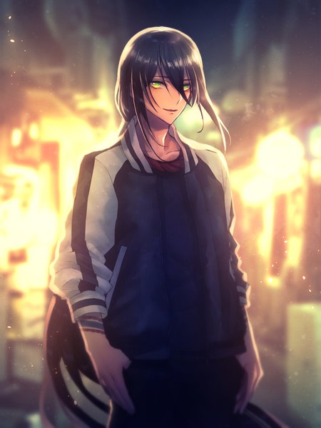 Anime picture 975x1300 with fate (series) fate/grand order yan qing (fate) moe (hamhamham) single tall image looking at viewer fringe hair between eyes green eyes very long hair blurry open jacket low ponytail hands in pockets sleeves pushed up boy jacket bomber jacket