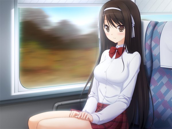 Anime picture 1024x768 with seifuku tenshi (game) nanami shion kisaragi myau single long hair blush black hair sitting brown eyes game cg light smile girl skirt miniskirt shirt bowtie