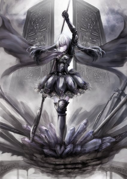 Anime picture 826x1168 with original pixiv fantasia pixiv fantasia v wacchi30 single long hair tall image looking at viewer fringe hair between eyes standing purple eyes white hair parted lips arm up zettai ryouiki crossed legs floating hair monochrome reflection