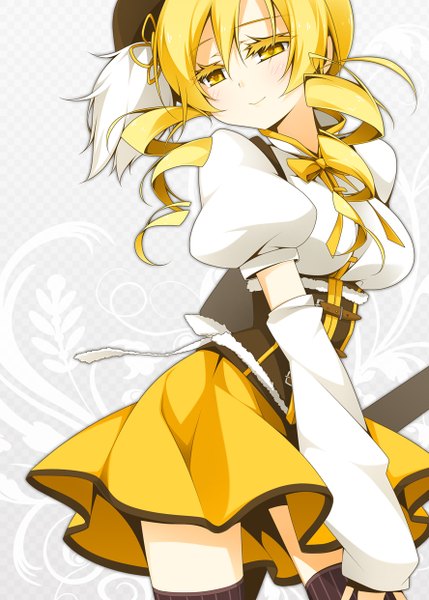 Anime picture 888x1242 with mahou shoujo madoka magica shaft (studio) tomoe mami reina (black spider) single long hair tall image blush blonde hair smile twintails yellow eyes looking away puffy sleeves drill hair underbust girl thighhighs black thighhighs detached sleeves