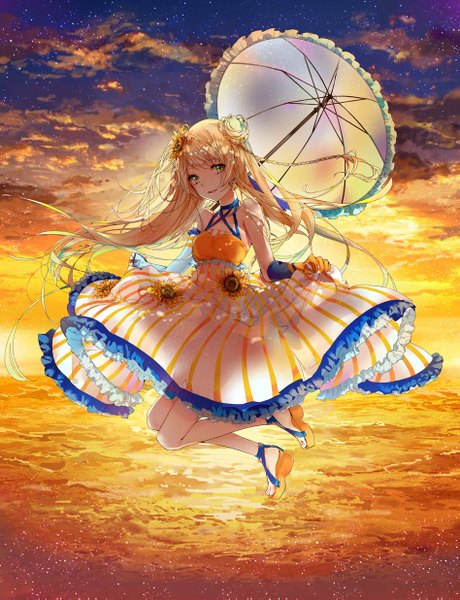 Anime picture 947x1235 with original kinokohime single long hair tall image fringe open mouth blonde hair bare shoulders brown eyes looking away sky cloud (clouds) full body bent knee (knees) hair flower hair bun (hair buns) evening sunset frilled dress