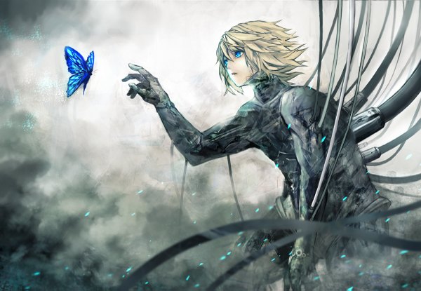 Anime picture 1200x831 with original seafh (artist) single fringe short hair blonde hair profile aqua eyes smoke mechanical cyberpunk boy insect butterfly