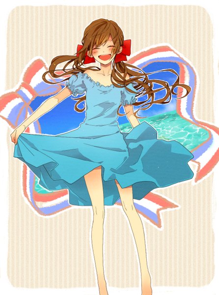 Anime picture 1145x1539 with axis powers hetalia studio deen seychelles (hetalia) naoto (tulip) single long hair tall image blush open mouth brown hair twintails eyes closed barefoot border striped striped background girl dress bow hair bow