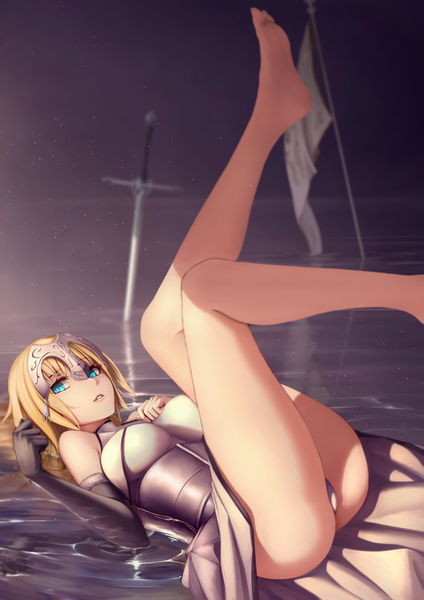 Anime picture 1300x1839 with fate (series) fate/apocrypha type-moon jeanne d'arc (fate) (all) jeanne d'arc (fate) shijiu (adamhutt) single long hair tall image blue eyes light erotic blonde hair bent knee (knees) lying barefoot bare legs pantyshot legs up girl dress