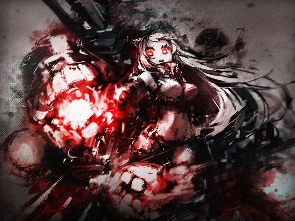 Anime picture 1400x1050 with kantai collection airfield hime floating fortress doku kinoko single long hair looking at viewer breasts red eyes large breasts white hair teeth pale skin shinkaisei-kan girl gloves navel weapon elbow gloves gun