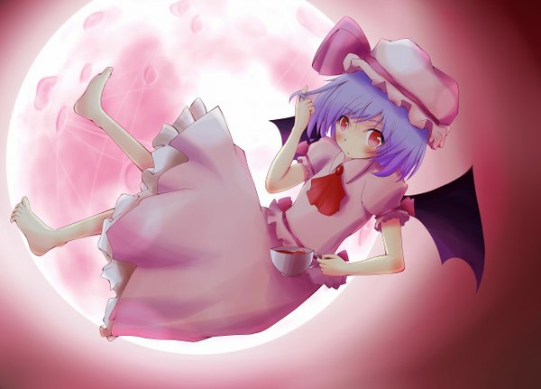 Anime picture 1280x920 with touhou remilia scarlet funia single looking at viewer blush short hair red eyes purple hair full body barefoot flying bat wings playing with hair hair twirling girl skirt bow hat moon