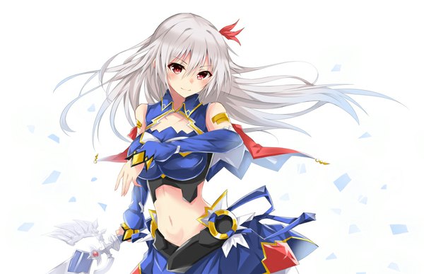 Anime picture 1000x646 with madan no ou to vanadis eleonora viltaria tsuedzu single long hair looking at viewer blush fringe breasts simple background smile red eyes large breasts white background bare shoulders silver hair wind bare belly girl navel