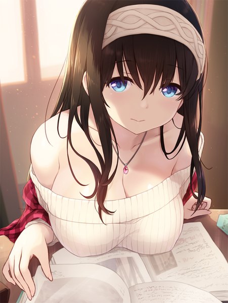Anime picture 760x1012 with idolmaster idolmaster cinderella girls sagisawa fumika cait single long hair tall image looking at viewer fringe breasts blue eyes light erotic hair between eyes brown hair large breasts bare shoulders cleavage light smile off shoulder girl