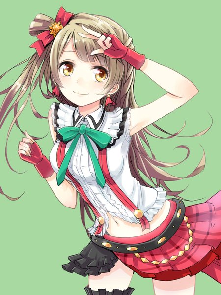 Anime picture 1200x1600 with love live! school idol project sunrise (studio) love live! minami kotori minato (shouno) single long hair tall image looking at viewer simple background smile brown hair yellow eyes looking away one side up victory green background girl skirt navel