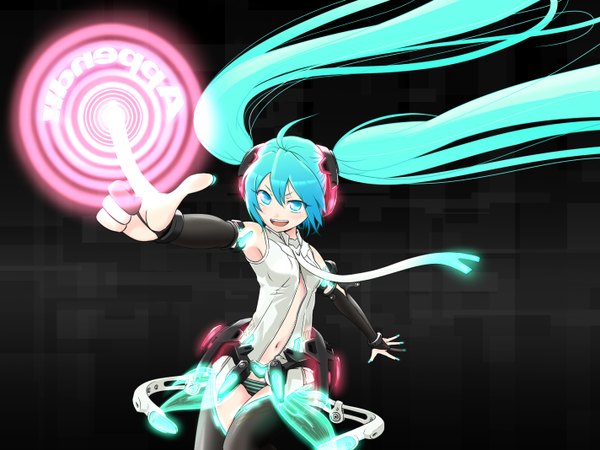 Anime picture 1424x1068 with vocaloid vocaloid append hatsune miku hatsune miku (append) kuinji 51go single long hair open mouth blue eyes simple background standing twintails very long hair nail polish aqua hair inscription bare belly floating hair dark background spread arms