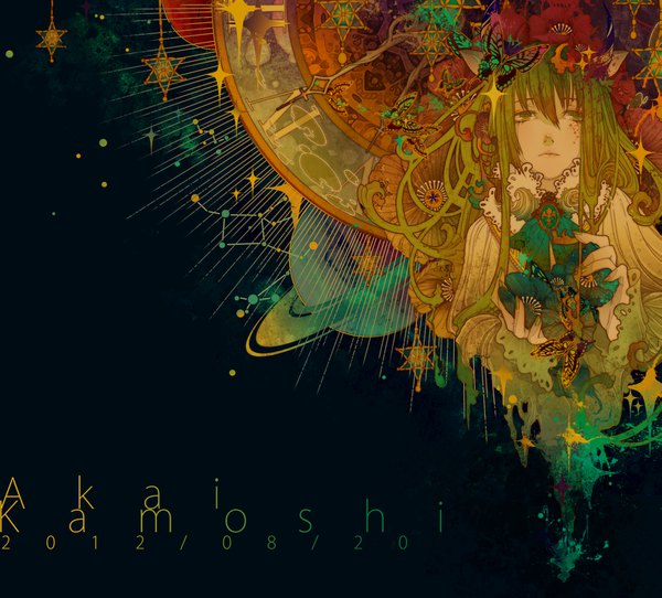 Anime picture 1587x1434 with fate (series) fate/strange fake enkidu (fate) akai kamoshi single long hair fringe hair between eyes holding green eyes signed looking away green hair dated black background constellation art nouveau boy flower (flowers) insect