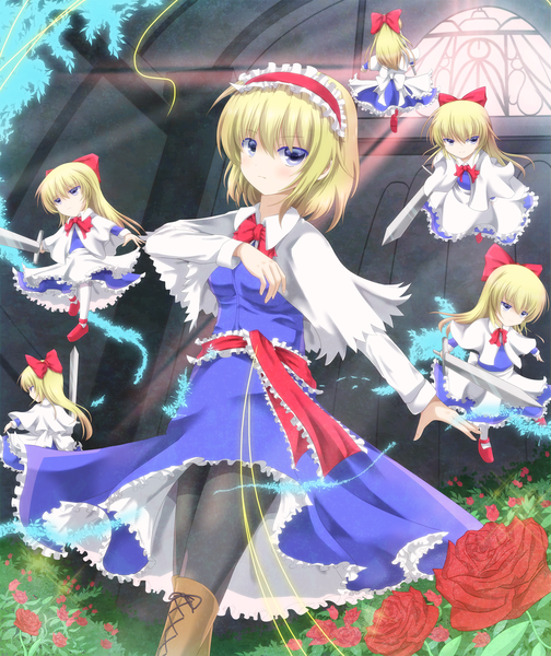 Anime picture 1488x1772 with touhou alice margatroid aibumi tall image short hair blue eyes blonde hair girl dress flower (flowers) weapon sword hairband doll (dolls)