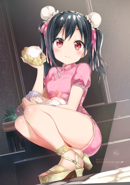 Anime picture 778x1100 with love live! school idol project sunrise (studio) love live! yazawa nico micopp single long hair tall image looking at viewer blush fringe light erotic black hair smile red eyes twintails holding full body bent knee (knees) traditional clothes