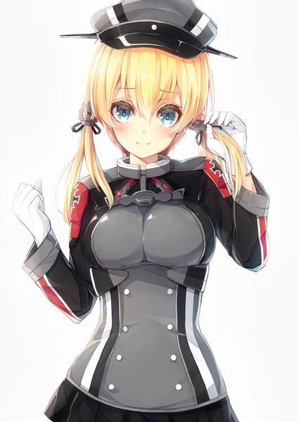 Anime picture 902x1274 with kantai collection prinz eugen (kantai collection) watao single long hair tall image looking at viewer blush fringe breasts blue eyes blonde hair simple background smile large breasts standing white background twintails pleated skirt arm up