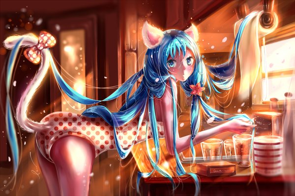 Anime picture 2024x1350 with vocaloid hatsune miku kona (koma-m) looking at viewer blush highres blue eyes light erotic animal ears blue hair tail very long hair animal tail cat ears cat girl cat tail girl bow