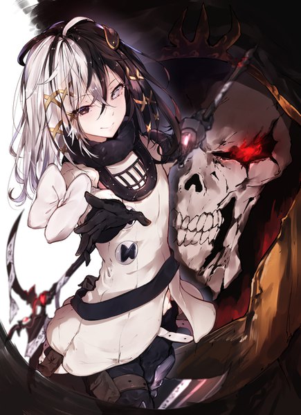 Anime picture 901x1242 with overlord (maruyama) madhouse ainz ooal gown zesshi zetsumei hplay (kyoshinou) single long hair tall image looking at viewer fringe black hair smile hair between eyes holding ahoge white hair multicolored hair black eyes blurry two-tone hair