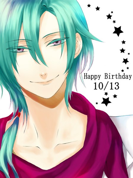 Anime picture 1200x1600 with starry sky hoshizuki kotarou single tall image short hair smile aqua hair grey eyes happy birthday boy star (symbol)