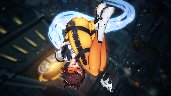 Anime picture 2560x1440 with overwatch blizzard entertainment tracer (overwatch) daydream (zhdkffk21) single looking at viewer fringe highres short hair open mouth light erotic smile brown hair wide image holding brown eyes full body ass one eye closed wink