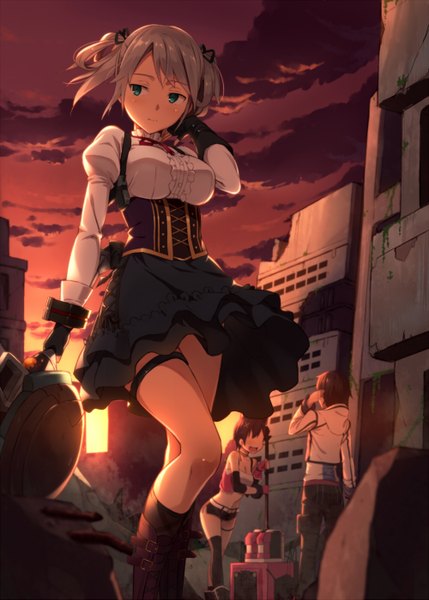 Anime picture 1000x1399 with god eater ufotable ciel alencon kinta (distortion) tall image short hair brown hair standing twintails multiple girls green eyes sky cloud (clouds) grey hair evening short twintails sunset girl boy skirt