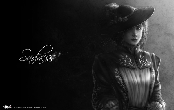 Anime picture 1280x809 with omen2501 single long hair looking at viewer lips realistic inscription tears monochrome sad girl dress hair ornament hat hat ribbon
