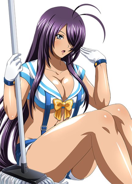 Anime picture 600x831 with ikkitousen kanu unchou single tall image looking at viewer fringe breasts open mouth blue eyes light erotic white background purple hair very long hair hair over one eye girl gloves shorts white gloves short shorts