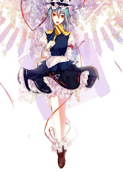 Anime picture 1181x1653 with touhou shikieiki yamaxanadu tian (my dear) single tall image looking at viewer fringe short hair open mouth red eyes white background aqua hair girl flower (flowers) ribbon (ribbons) hat frills mirror wisteria physalis