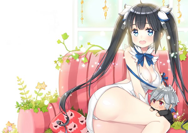 Anime picture 1000x707 with dungeon ni deai wo motomeru no wa machigatteiru darou ka j.c. staff hestia (danmachi) bell cranel ayami (annahibi) long hair blush fringe short hair breasts open mouth blue eyes light erotic black hair simple background smile red eyes large breasts white background twintails