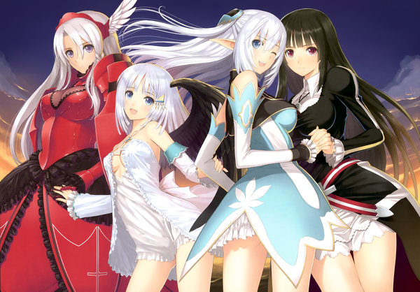 Anime picture 4300x3000 with shining (series) shining blade shining ark altina (shining blade) panis angelicus kilmaria aideen roselinde (shining blade) tony taka long hair looking at viewer highres short hair open mouth blue eyes black hair red eyes multiple girls absurdres white hair one eye closed