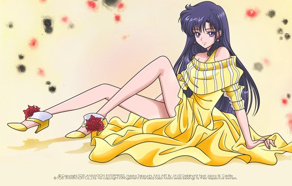 Anime picture 1700x1080 with bishoujo senshi sailor moon toei animation hino rei jackowcastillo (artist) long hair fringe simple background sitting purple eyes bare shoulders purple hair bare legs high heels girl dress earrings cape yellow dress