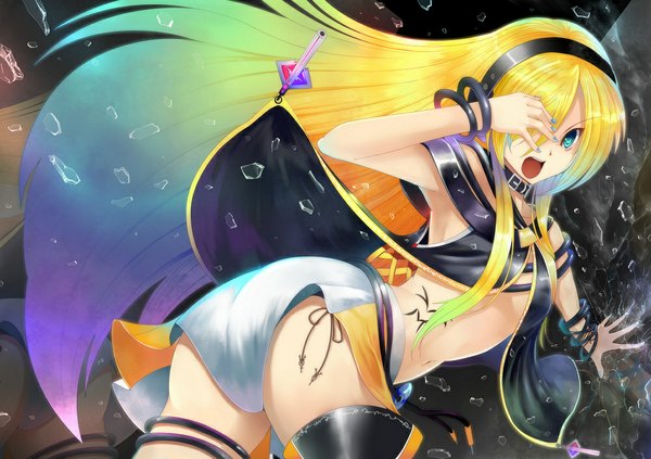 Anime picture 1000x706 with vocaloid lily (vocaloid) sts single long hair open mouth blue eyes light erotic blonde hair ass multicolored hair midriff girl navel bracelet hairband