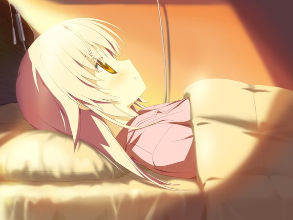 Anime picture 1600x1200 with hoshizora no memoria ototsu yume shida kazuhiro blush short hair red eyes game cg white hair lying profile girl pillow bed wire (wires) blanket