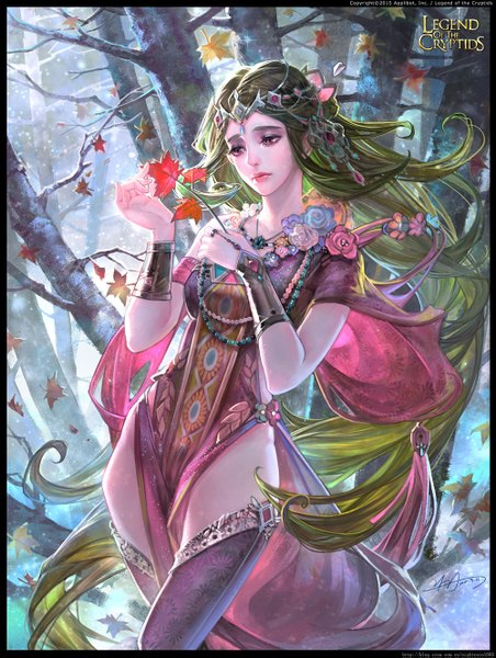 Anime picture 1000x1327 with legend of the cryptids yu-han single tall image standing very long hair pink eyes green hair lips inscription girl dress plant (plants) tree (trees) leaf (leaves)