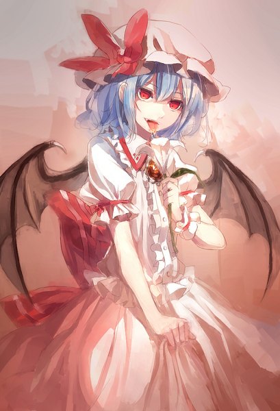 Anime picture 720x1057 with touhou remilia scarlet 60mai single tall image fringe short hair red eyes holding blue hair looking away short sleeves puffy sleeves saliva girl flower (flowers) bow wings tongue bonnet