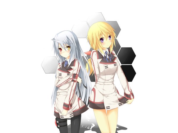 Anime picture 1280x960 with infinite stratos 8bit charles dunois laura bodewig long hair looking at viewer blush simple background blonde hair red eyes white background purple eyes multiple girls yellow eyes silver hair grey hair shadow heterochromia girl uniform