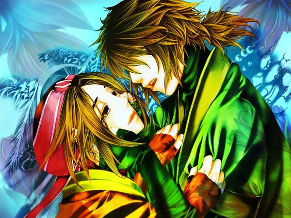 Anime picture 1600x1200 with gensou suikoden gensou suikoden v sagiri (gensou suikoden) shigure (gensou suikoden) seon highres smile brown hair brown eyes couple tears
