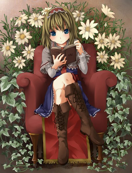 Anime picture 1140x1500 with touhou alice margatroid unasaka ryou tall image short hair blue eyes brown hair sitting girl flower (flowers) plant (plants) book (books)