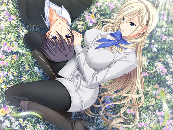 Anime picture 1024x768 with walkure romanze celia kumani entory komori kei long hair short hair blue eyes black hair blonde hair game cg girl boy flower (flowers)