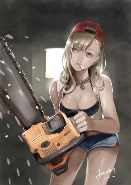 Anime picture 1060x1500 with original bobo1983 single tall image light erotic blonde hair signed cleavage grey eyes smoking girl shorts chain necklace cigarette baseball cap chainsaw