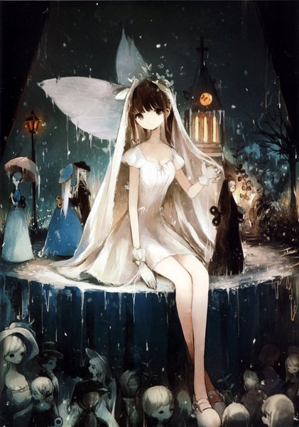 Anime picture 2463x3508 with asahiro long hair tall image looking at viewer fringe highres blonde hair brown hair standing sitting multiple girls brown eyes bent knee (knees) white hair night night sky snowing snow white wings insect wings