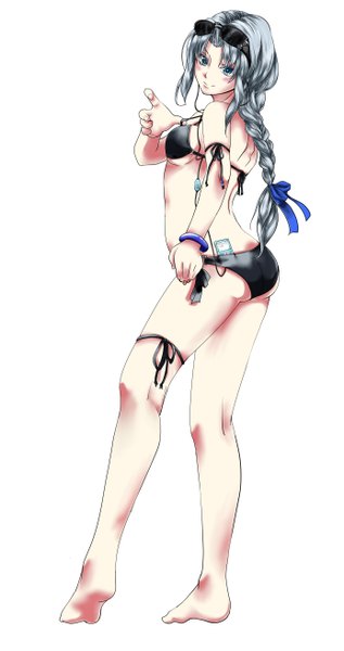 Anime picture 2770x5233 with touhou ipod yagokoro eirin ruuto (sorufu) single long hair tall image looking at viewer blush highres breasts blue eyes light erotic simple background standing white background blue hair ass braid (braids) barefoot