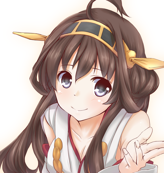 Anime picture 1027x1080 with kantai collection kongou battleship kk-sk-ray single long hair tall image looking at viewer blush fringe breasts blue eyes simple background smile brown hair large breasts white background bare shoulders cleavage ahoge traditional clothes