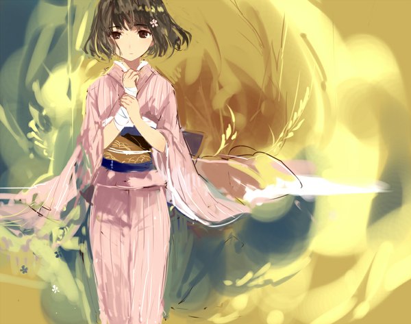 Anime picture 1100x868 with original tan (tangent) single short hair brown hair brown eyes japanese clothes hair flower girl hair ornament belt kimono bandage (bandages)