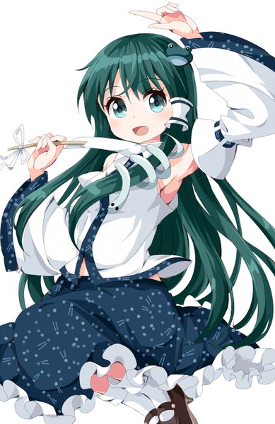 Anime picture 649x1000 with touhou kochiya sanae ruu (tksymkw) single long hair tall image blush fringe open mouth simple background white background green eyes looking away :d arm up green hair armpit (armpits) girl skirt hair ornament