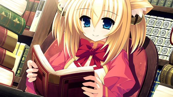 Anime picture 1280x720 with tiny dungeon (game) rosebleu uluru short hair blue eyes blonde hair wide image animal ears game cg loli girl bowtie book (books) bell