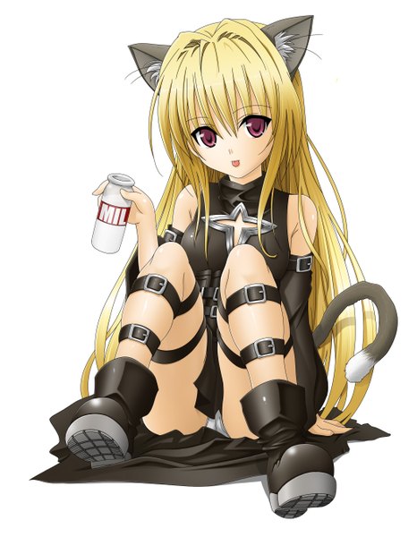 Anime picture 2100x2700 with toloveru toloveru darkness xebec konjiki no yami toshi5765 single long hair tall image highres light erotic blonde hair simple background red eyes white background animal ears animal tail cat ears cat tail pantyshot sitting girl